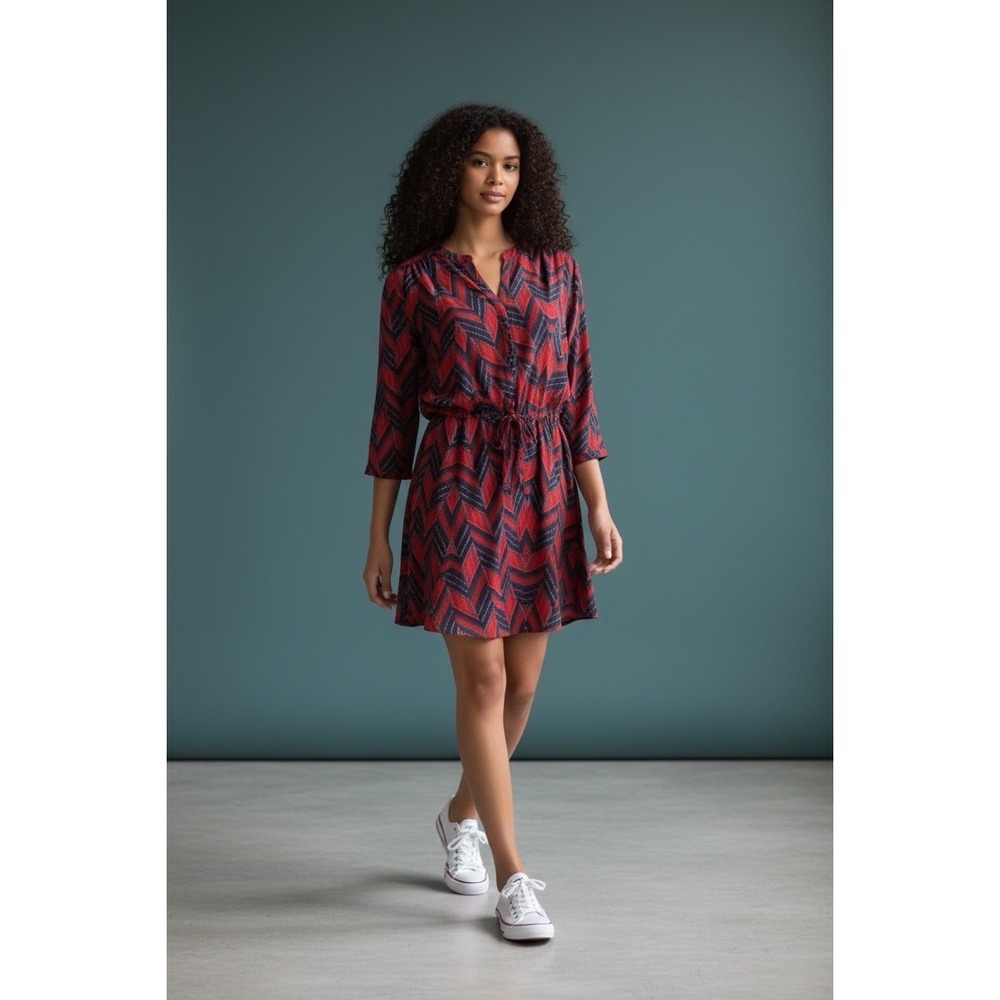 Maeve Anthro Chevron Print Shirt Dress‎ Red Navy Blue Tie Waist Midi